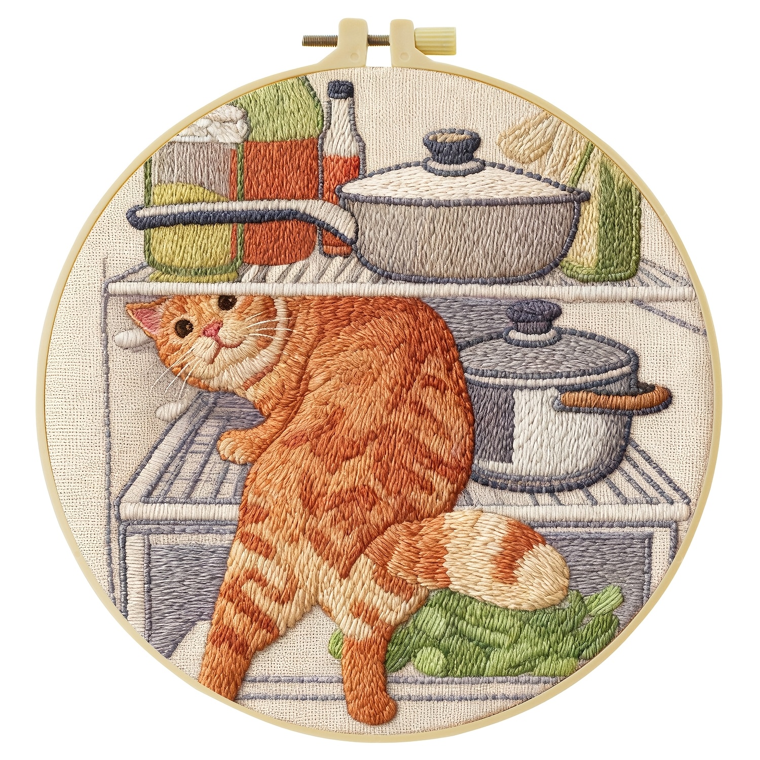 TEMU Kit de broderie, 20X20Cm/7.9X7.9 pouces, Chat orange volant un réfrigérateur, Kit de broderie artisanale, Convient aux débutants adultes, Inclut