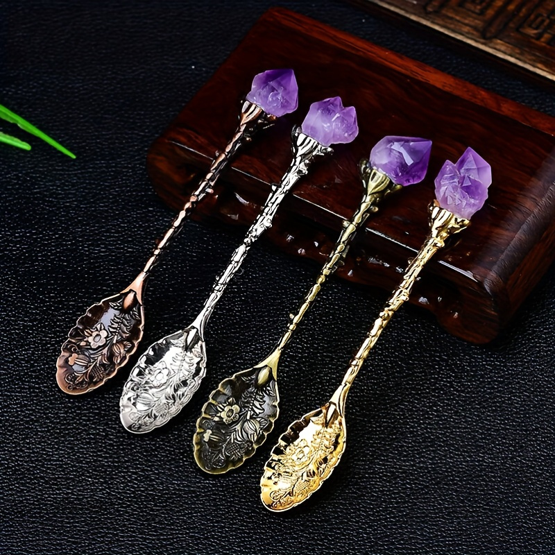 

3pcs Natural Amethyst Crystal Flower Coffee Tea Spoons, Hand Polished Vintage Carved Dessert Ice Cream Spoons, Diy Finished Material Package With Natural Stone