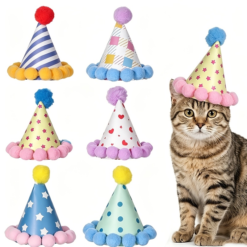 TEMU 6 Mini Party Hats, For Plush Animal Party Hats With Pom-poms, Colorful Birthday Hats, Suitable For Plush, Cats, Dogs, Adults And Photography
