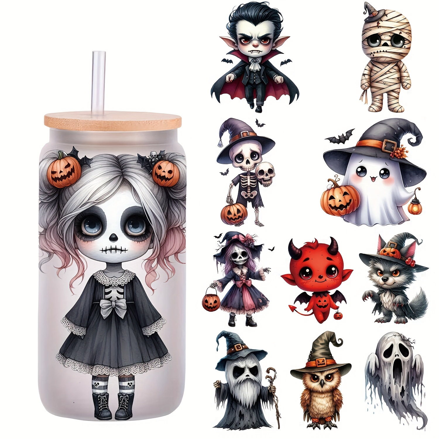 

5pcs Themed 16oz Glass Jar Stickers Set - Uv Dtf Zombie & Designs, High Decorative Wraps For Coffee Mugs