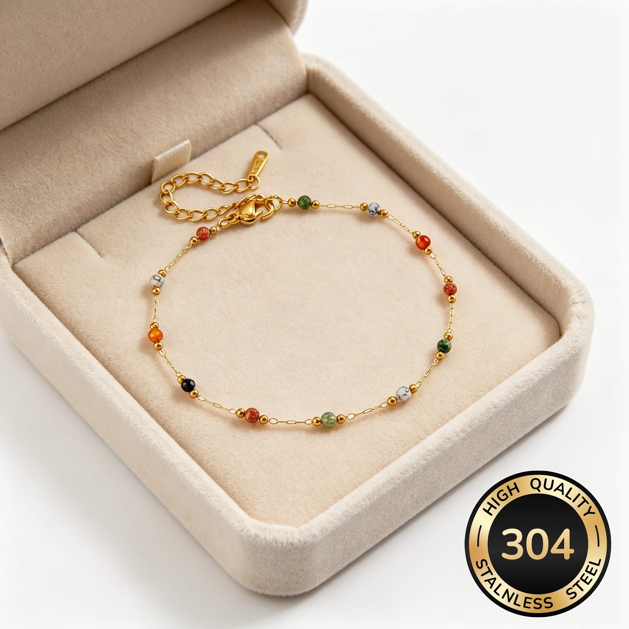 TEMU Bracelet en perles rondes colorées en acier inoxydable 304, chaîne plaquée or , tempérament élégant, style automne et hiver, bracelet