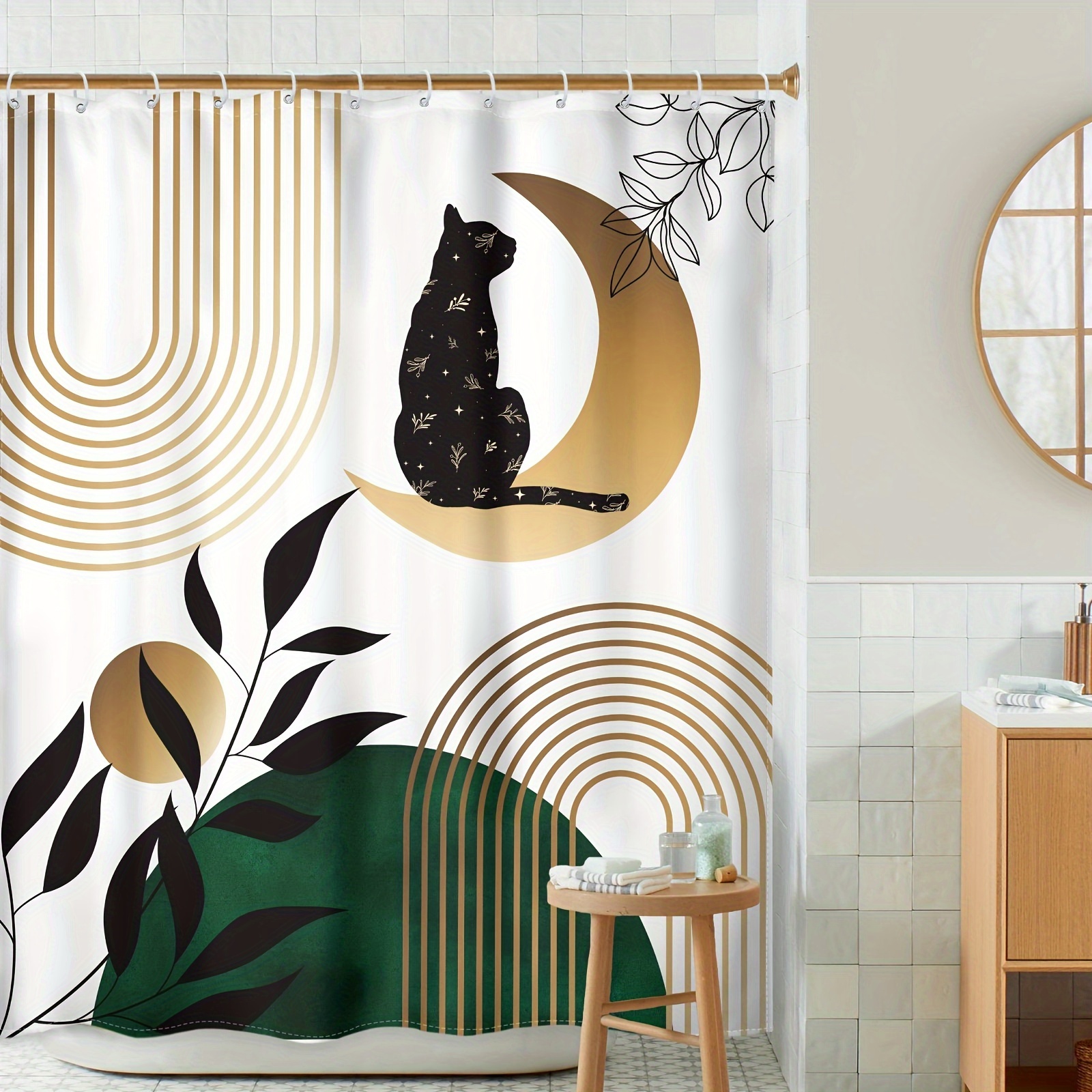 Boho Cat Leaf Pattern Shower Curtain Waterproof Curtain - Temu