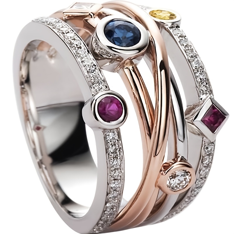 E-shop Exquisites Eingefasstes Zirkonia Breiter Ring Vintage Zweifarbiger Ring für Frauen Männer Täglicher Party Urlaubsring Schmuck