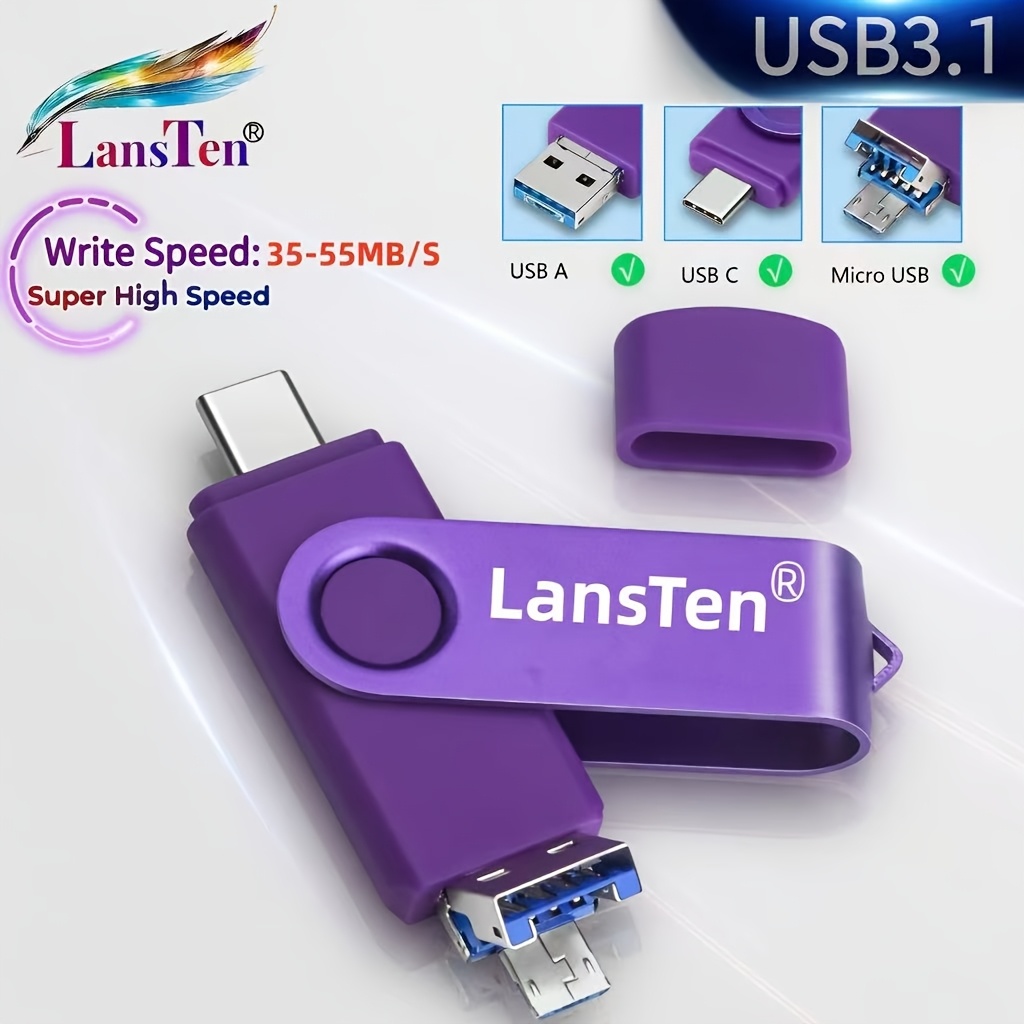 Lansten 128gb 256gb Flash Drive 3in 1 Type-c/micro/usb 3.1 Otg Flash Drive High Stick Compatible More Smartphone Tablet Pc