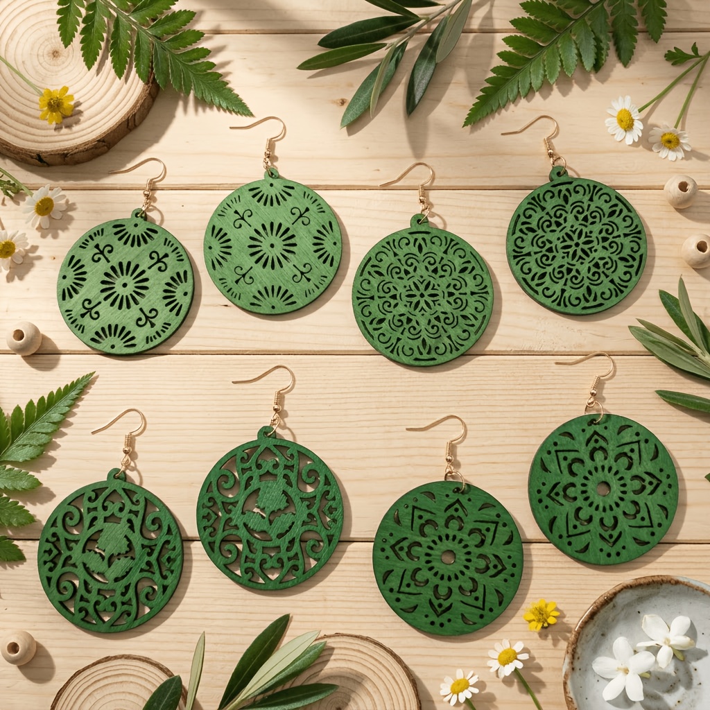 4-Pair Vintage Round Mandala Wooden Drop Earrings Set