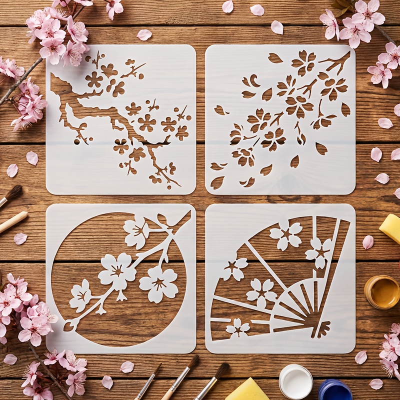 E-shop 4 Stück Japanische Kirschblüten-Schablonen für DIY-Bastelarbeiten – Wiederverwendbare Plastik-Sakura-Vorlagen mit ausgeschnittenen botanischen