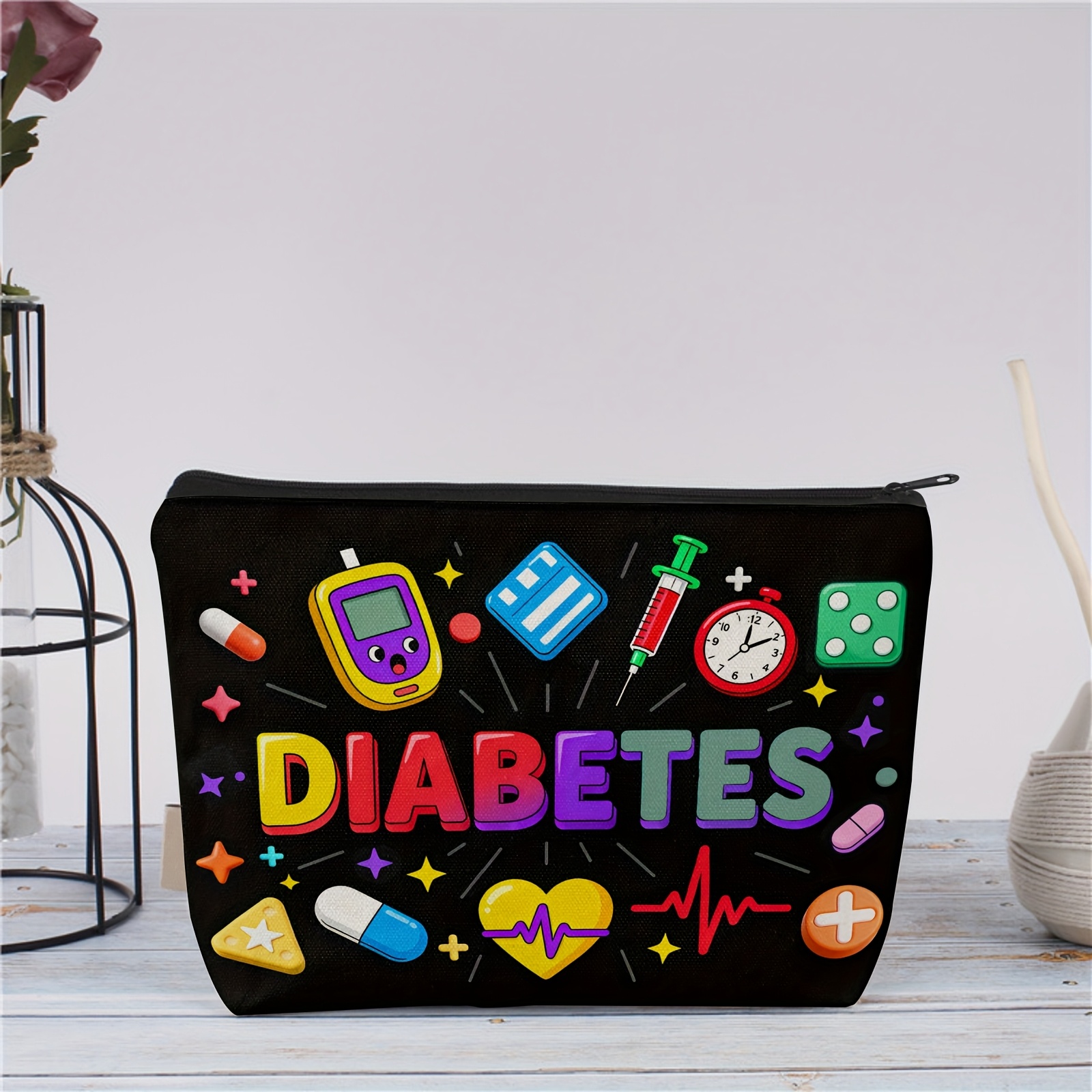 E-shop Mit Blutzuckermessgerät, Insulin- Medikamentensymbol – tragbare faltbare Reißverschlusstasche, waschbare Zubehörbox für Blutzuckermessgeräte,