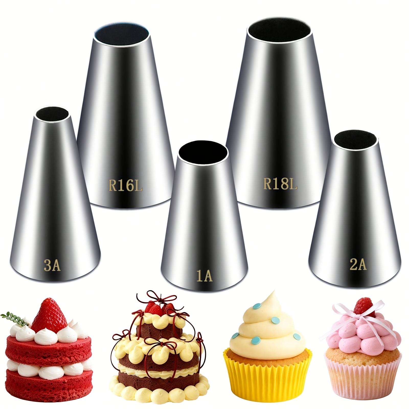 TEMU 5pcs Large Round Piping Tip, Stainless Steel Piping Tips Professional Cake Decorating Tips Set, Frosting Tip Cake Icing Tools For Cupcakes Cakes