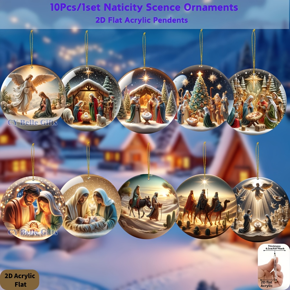 TEMU 2d , 10pcs Set Of Birth Scene Acrylic Ornaments - Retro Crystal Religious Pendants, Suitable For Christmas Trees, Windows, Shops, And Holiday