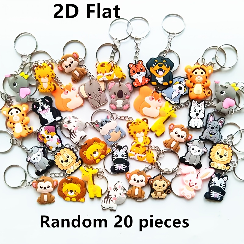 E-shop 2D-flach, zufällige Auswahl von 20 PVC-Tier-förmigen Schlüsselanhängern, einzigartige niedliche 2D-flache Designs: Affe, Tiger, Löwe, Katze,