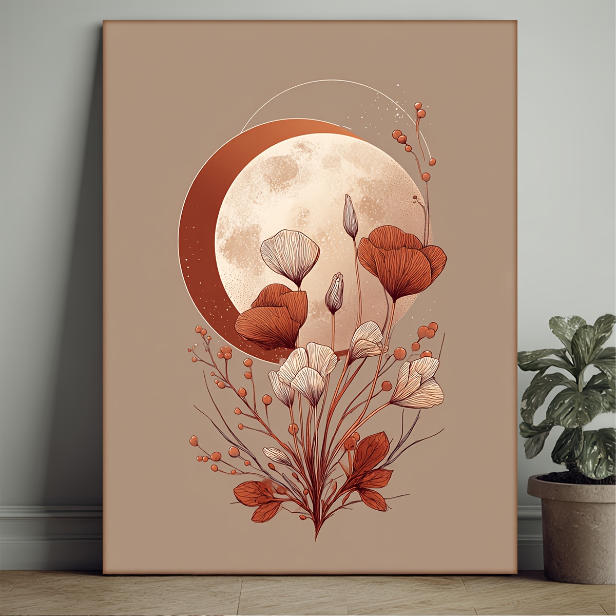 TEMU 1pc Impression d'Art Mural Terracotta & Encadrée - Toile de Fleur Style Adaptée à la Décoration Boho & - Œuvre d'Art Encadrée en avec