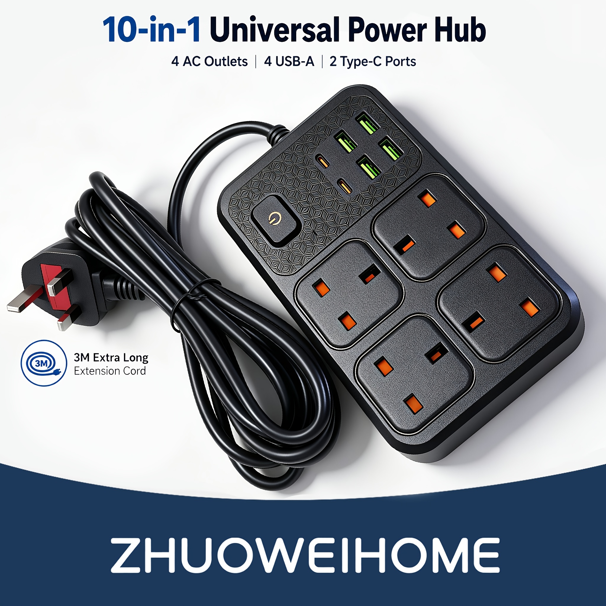 TEMU 10-in-1 Uk Power Strip/socket/power Extension Cord, 4 Ac Outlets + 4 Usb-a + 2 Type-c Ports, /9.84ft Extension Cord With Switch, Fast Charging