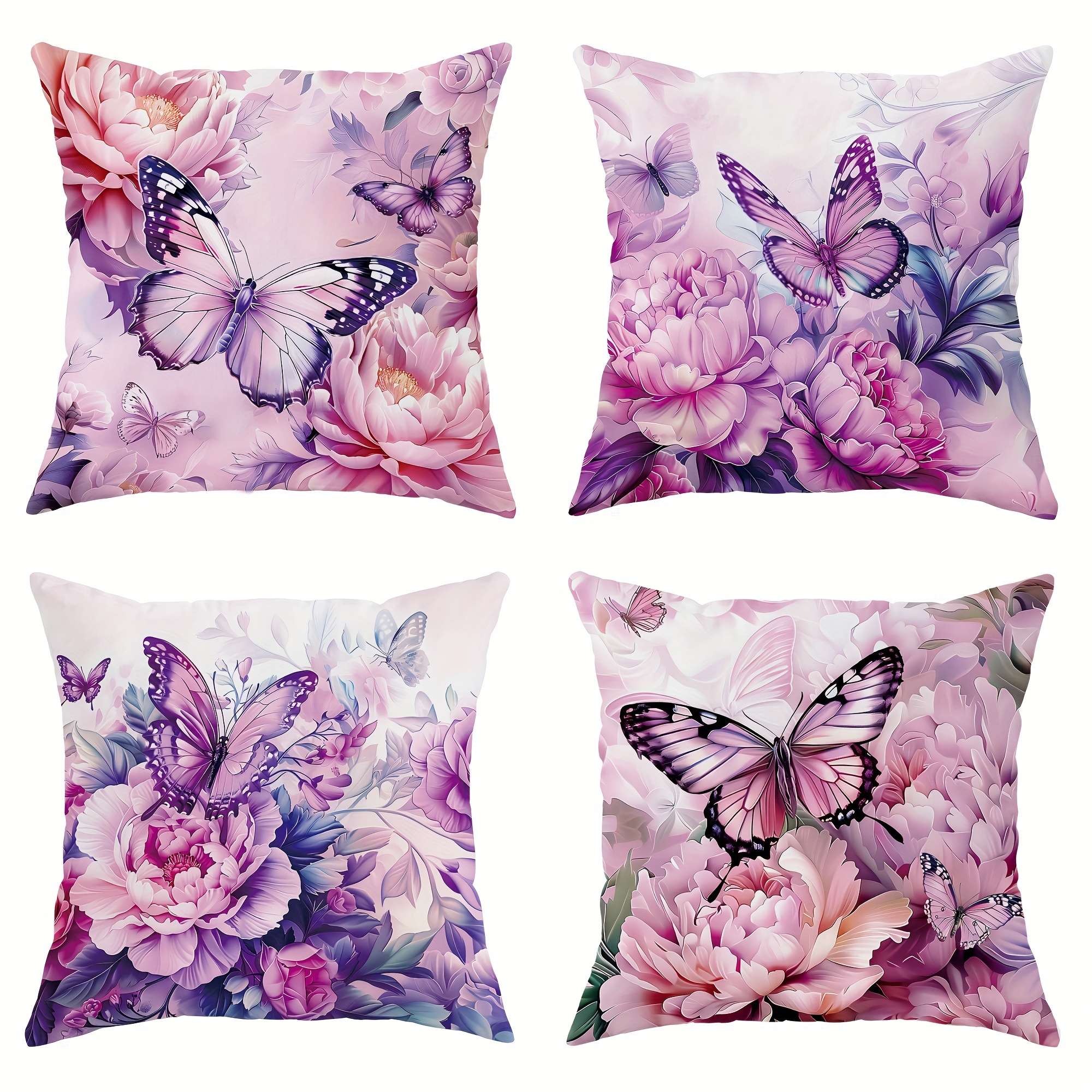 

4pcs, Velvet Throw Pillow Covers Butterfly Flower Pastoral Pink Decorative Pillow Covers 18*18 Inch Suitable For Summer And Autumn Living Room Bedroom Sofa Bed Decoration