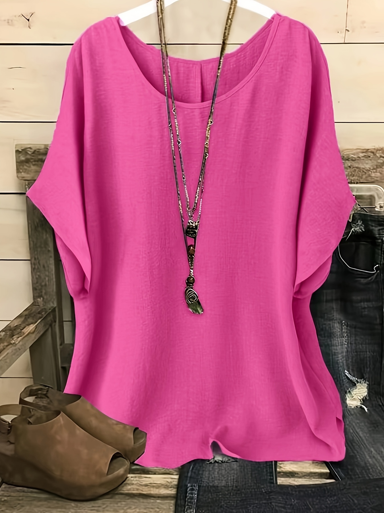 New Plus-Size Women'S Casual Vacation Solid Color Batwing Sleeve Shirt Top