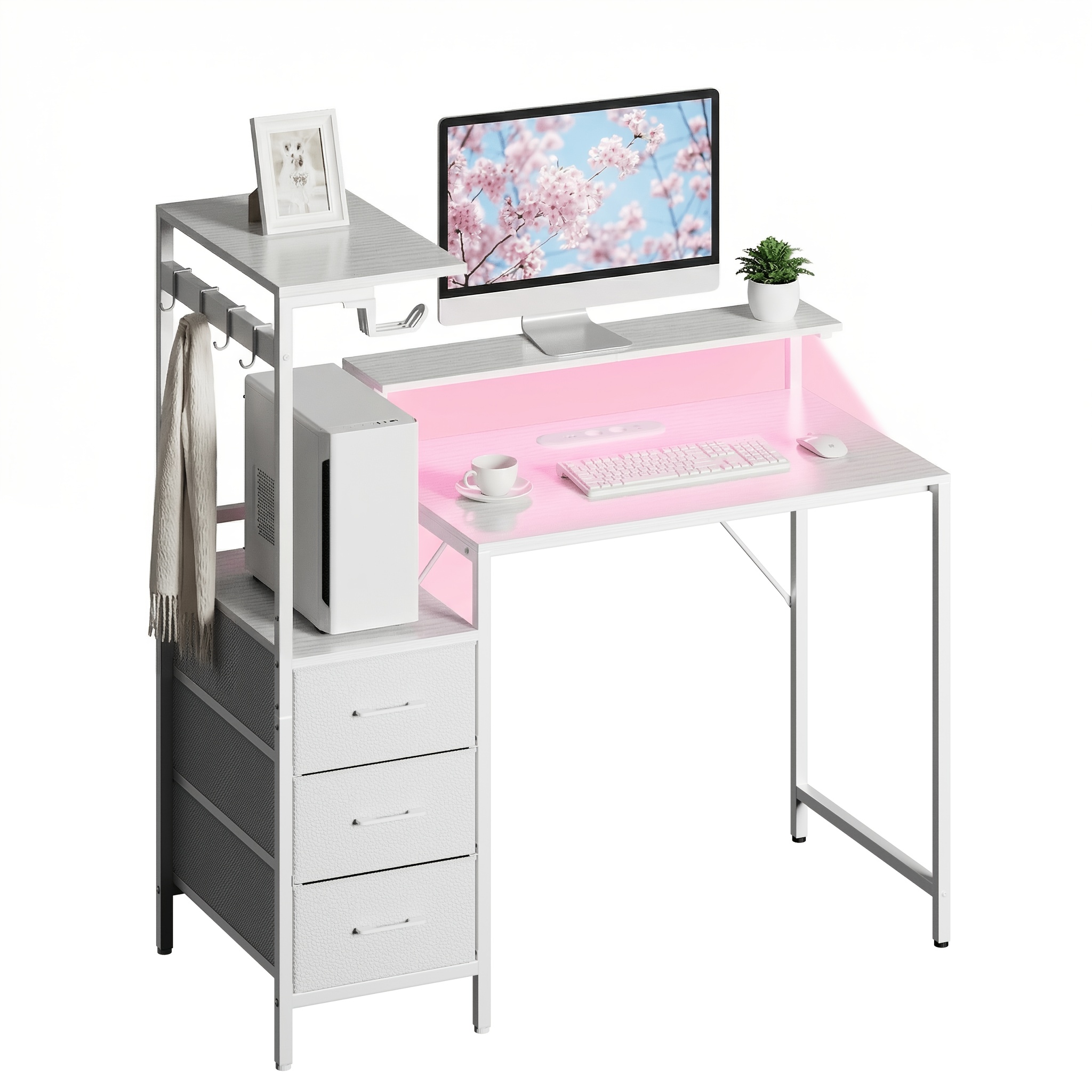 Image of 47/59-inch Home Office Desk, 3 Drawer - Computer Table Featuring Iron Hanging Rack, Workstation With Power Sockets, Storage Space, Pc Gaming Desk With Monitor Stand