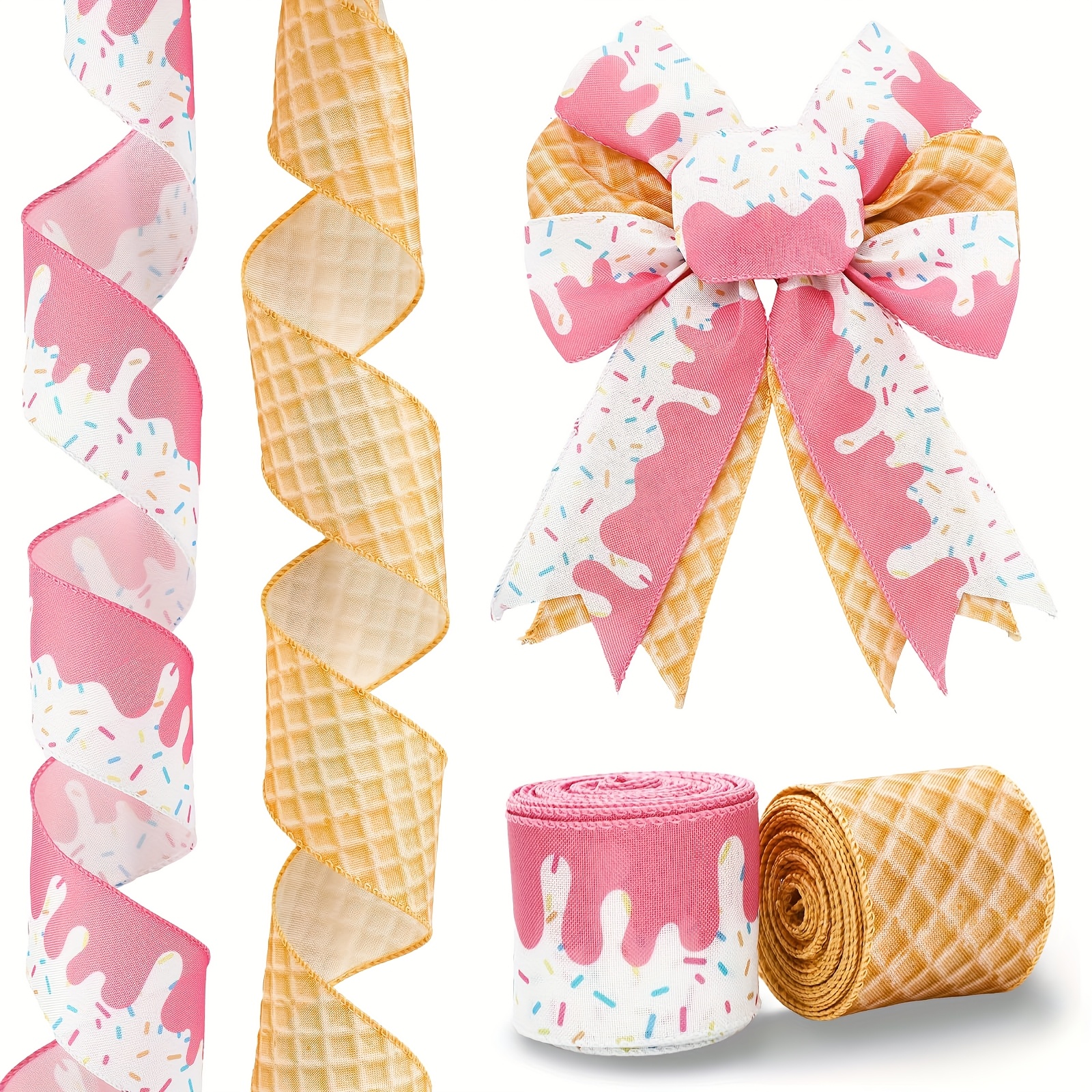 Image of Summer Ribbon Ice Cream Cone Wired Edge Satin Pink Water Spray Fabric Summer Ribbon Wreath Bow Diy Decorative Ribbon, 2 Rolls