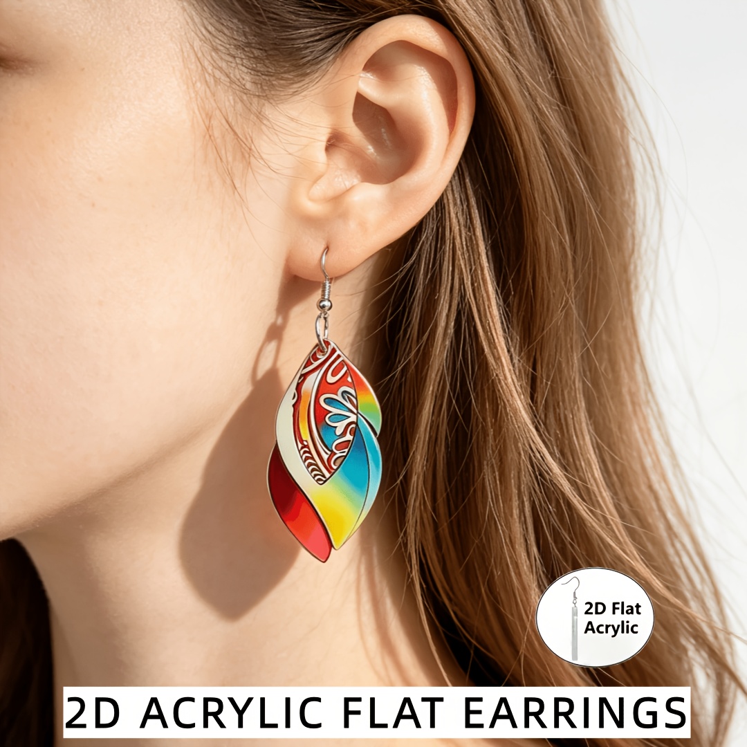 Bohemian Rainbow Printed Twisted Leaf Acrylic Dangle Earrings