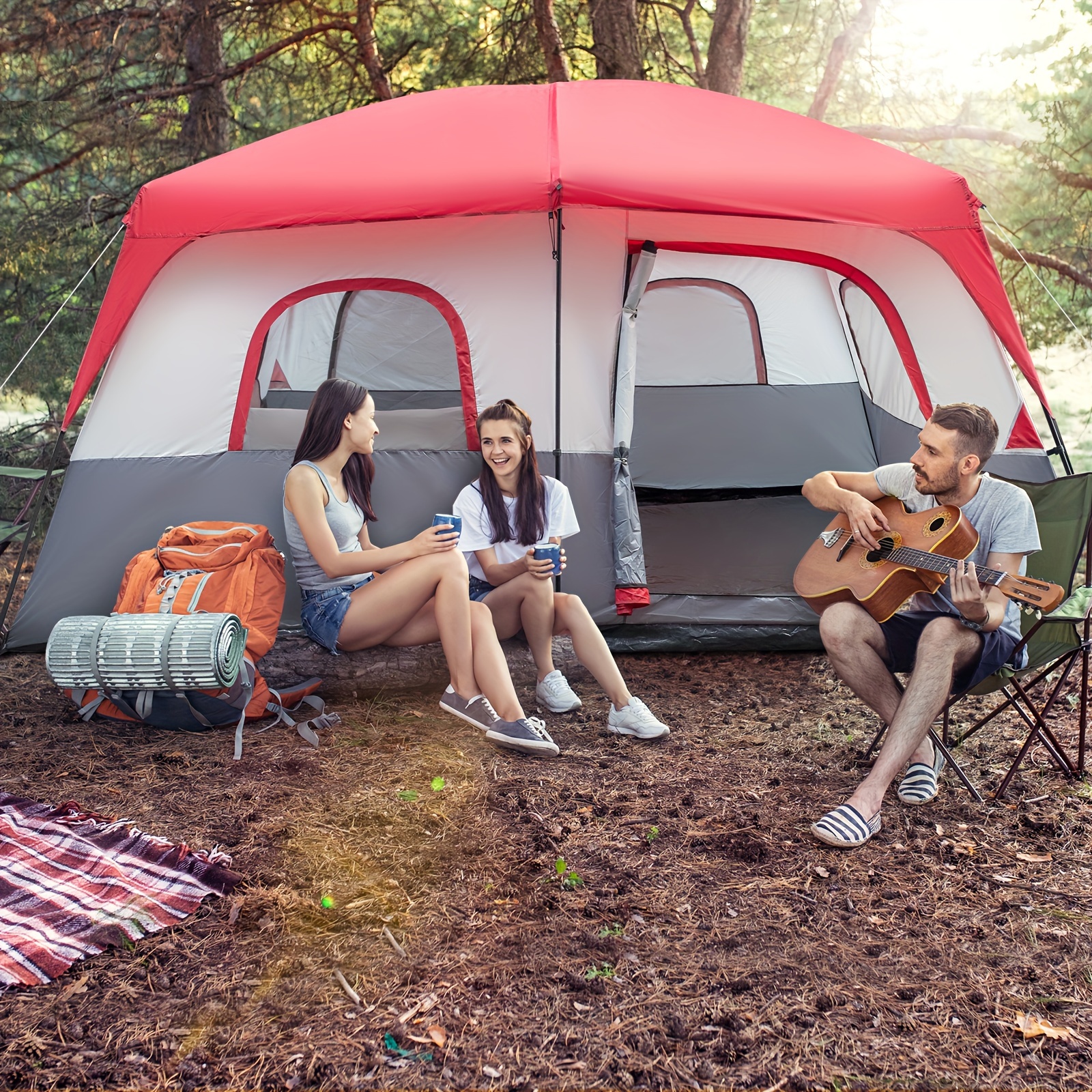 

Polyester Cloth Fiberglass Poles Can Accommodate 14 People Camping Tent, Red And White 430*430*210cm