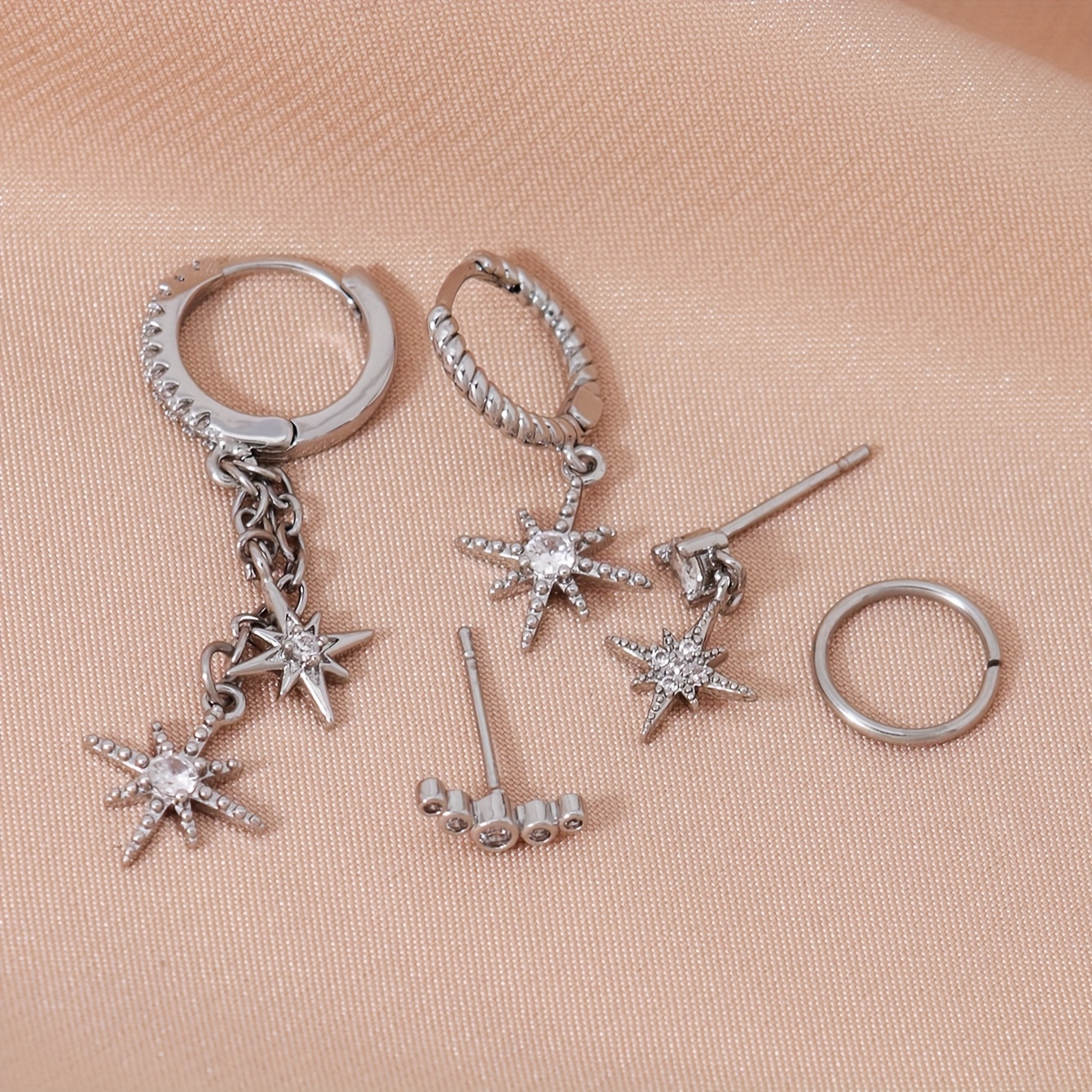 TEMU 5pcs Women's Fashion Pendant Earrings, Elegant And With Sparkling Rhinestone -pointed Star Pendant, Tassel Chain, And Studs, Suitable For