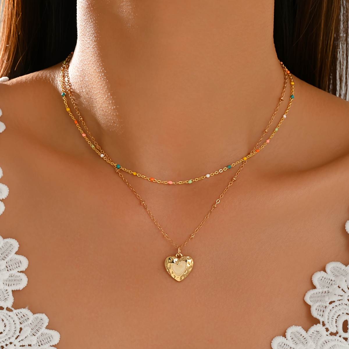 2pcs Boho Layered Necklace with Enamel Beads & Heart Pendant