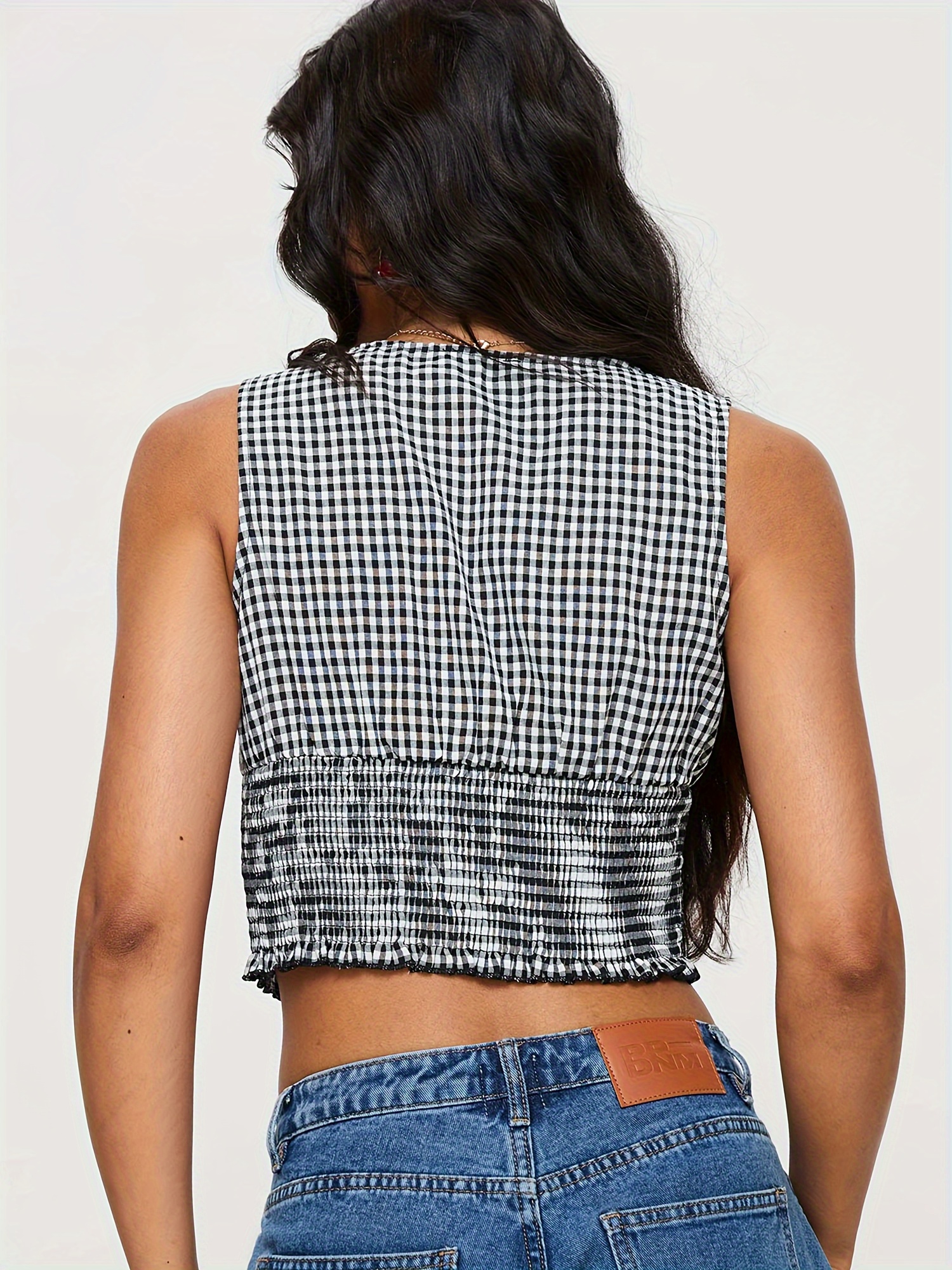 キャミソール Peplum Check Vest Top y2k women's gingham check sleeveless camisole shirred crew
