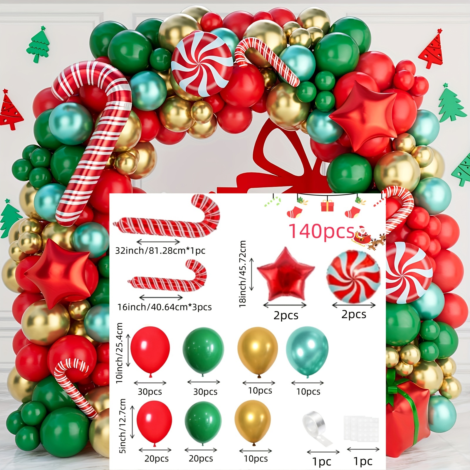 TEMU 140pcs Christmas Kit - Red, Green & Golden With Stars And Candy Canes For Decorations, Holiday Parties, Birthdays & New Year Celebrations, Best