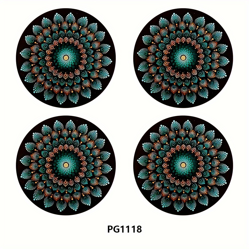 4pcs Green Mandala Flower Car Cup Holder, 7cm Circular Car Coaster. Car Interior Decoration Water Cup Mat, Beverage Cup Mat, And Mat Accessories And Party Gifts