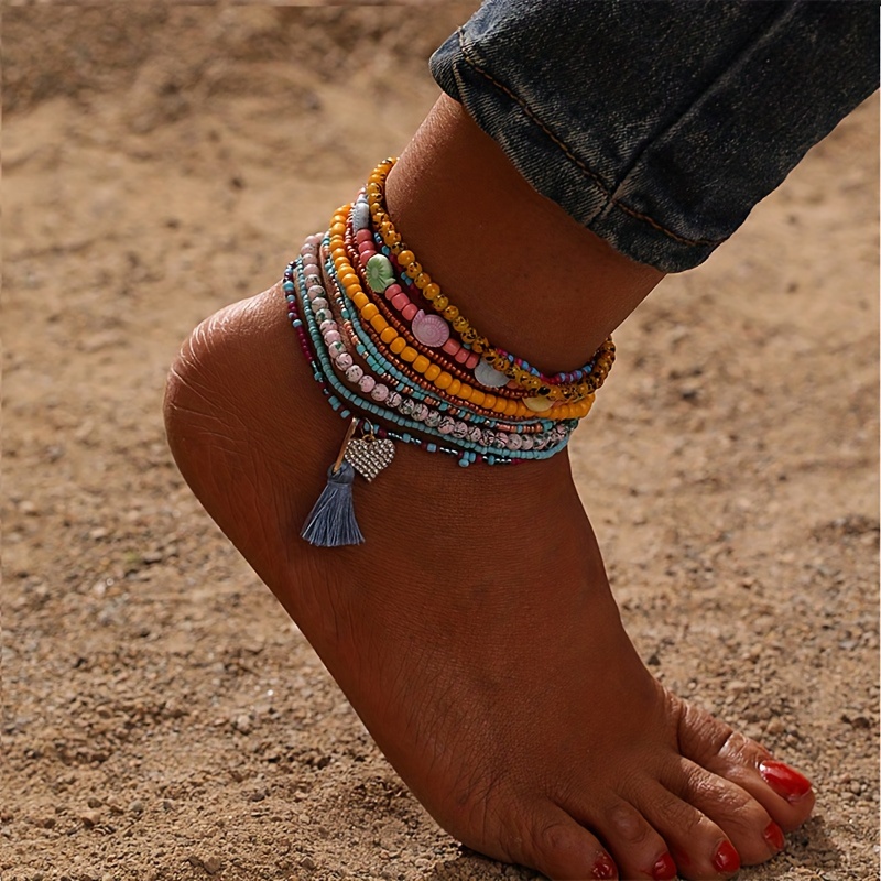 

Boho-chic Summer Beach Anklet Set For Women - Handcrafted Beaded With Heart & Rhinestone Pendants, Perfect For Vacation Boho Jewelry For Women Rhinestone Sandals For Women