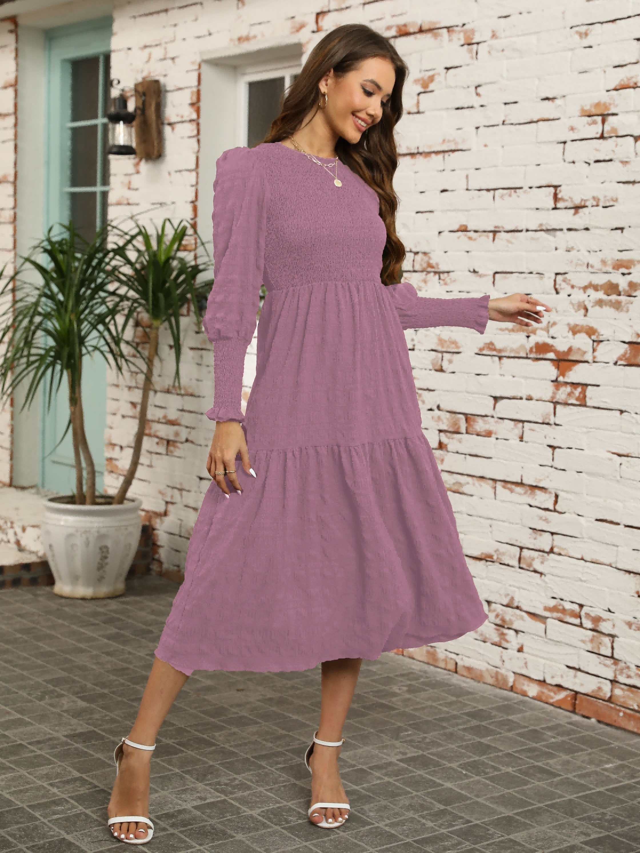 Textured Solid Midi Dress, Casual Shirred Long Sleeve Crew Neck Dress,  Women's Clothing