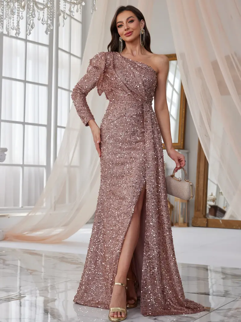 elegant one shoulder asymmetrical lace sequin gown long - Temu Mauritius elegant one shoulder asymmetrical lace sequin gown long - Temu Mauritius
