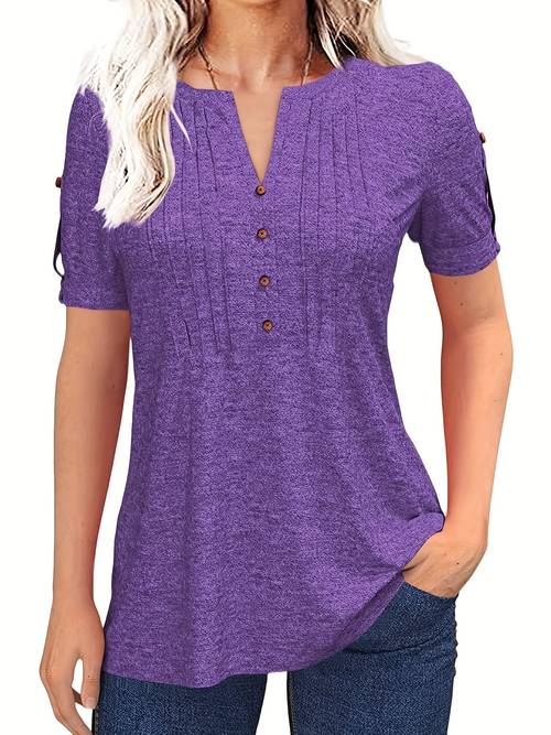 womens zipper summer pleated button short sleeve t shirt summer v neck solid color casual top