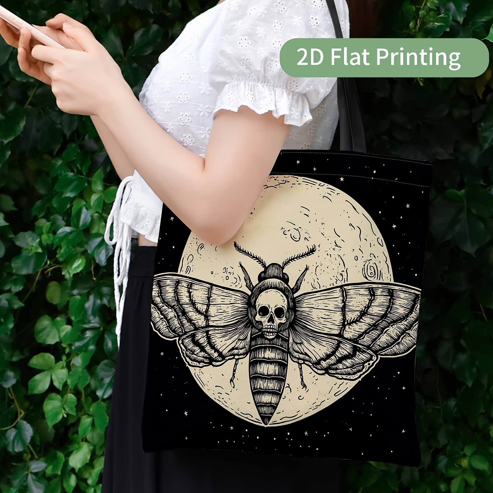 TEMU 1pc Casual Tote Bag -moth, Skull, Moon- Reusable Fashion Bag, Machine Washable, Lightweight, With Fixed Shoulder Strap, Suitable For Daily Use