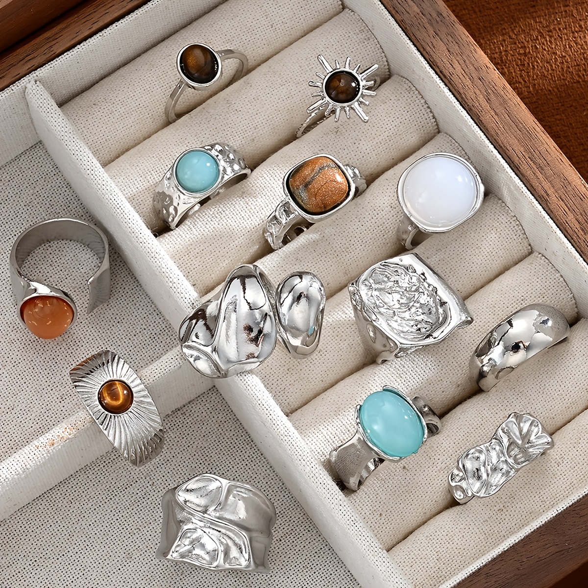 TEMU 13pcs Women's Fashion Personality Ring Set - Stylish And Elegant Wide-band Irregular Bohemian Sun-wrinkle Colored Rings For Women. Suitable For