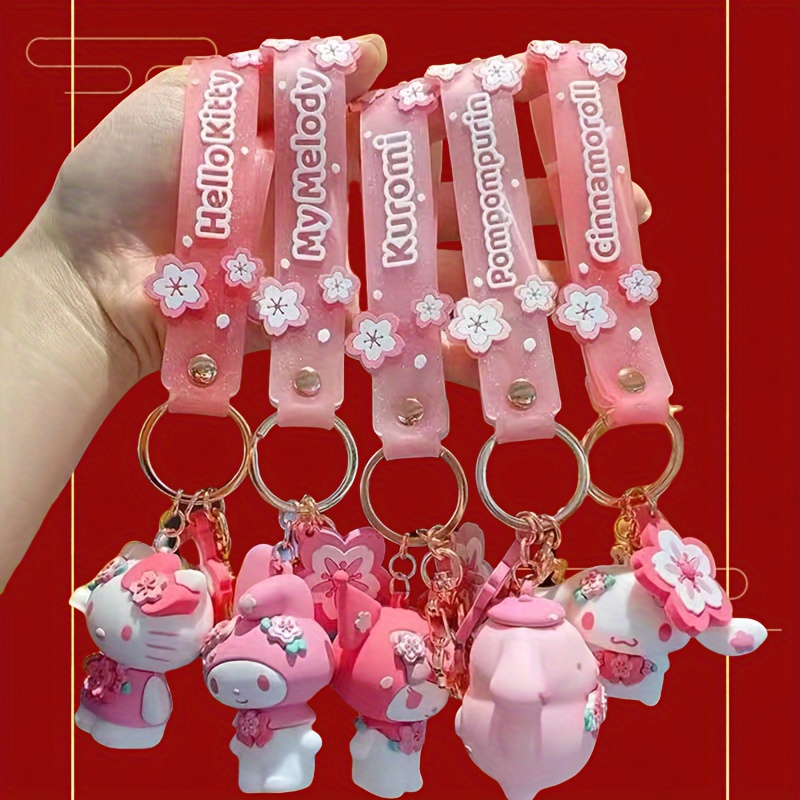 

5pièces Sanrio Porte-clés, pour Hello Kitty & pour Kuromi Charme en Silicone, Design Sakura Rose, Non-Placé, Lavable, Ajustement Universel pour Sacs & Poches, Cadeaux Accessoires Mignons