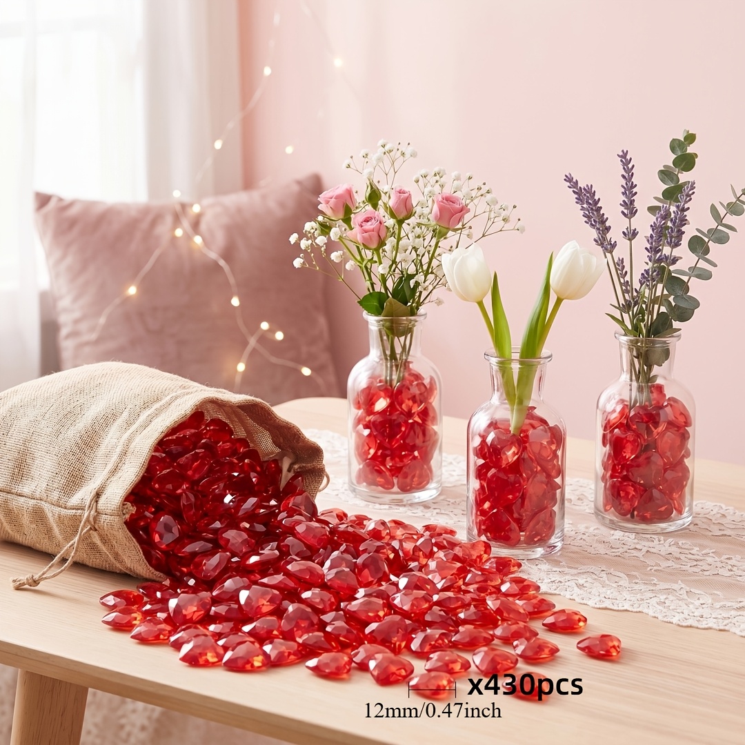 TEMU 430pcs Heart-shaped Acrylic Fake Gemstones Suitable For Vase Fillers, Wedding & Party Decorations, Durable Vase Pebbles For Centerpieces, Table