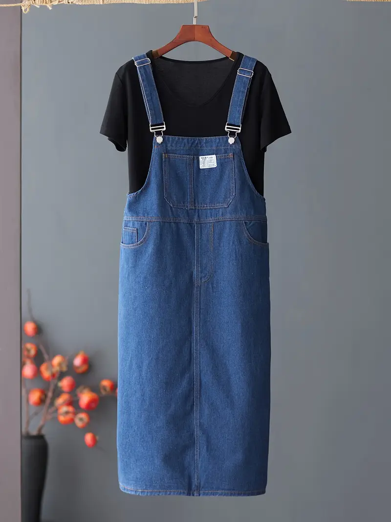 Knee Length Cheap Dungarees Dress Indigo Cotton Denim Pinafore Knee Length Dress, Strap Sleeve A-Line Knee Length Cheap Dungarees Dress Indigo Cotton Denim Pinafore Knee Length Dress, Strap Sleeve A-Line