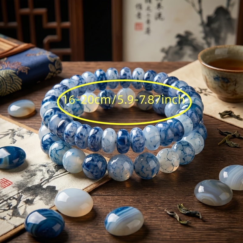2pcs Blue Dot White Agate Bead Stretch Bracelet Set