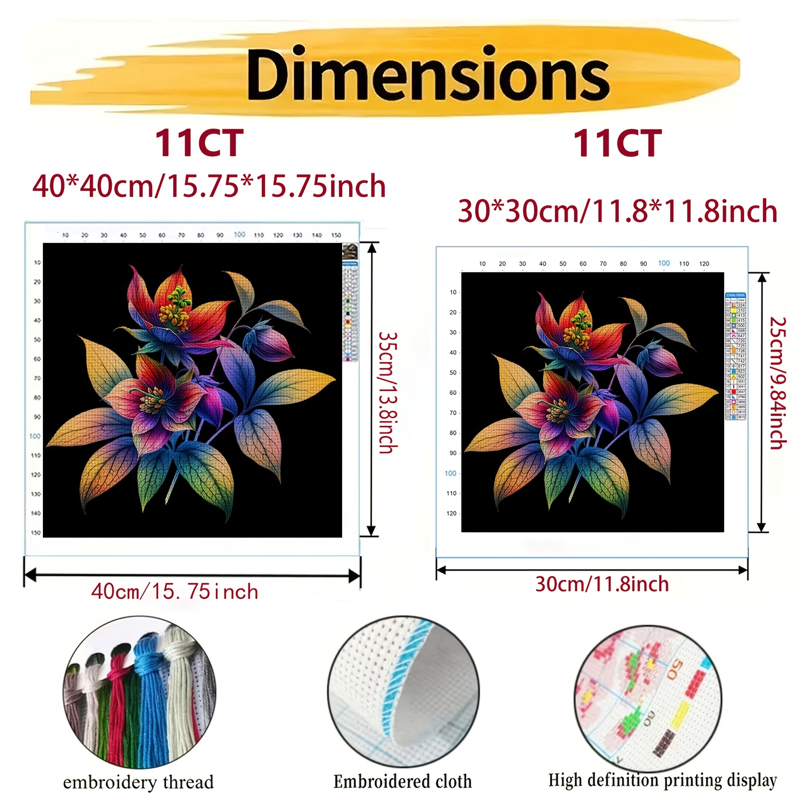 Cross Stitch Printed Kit, Frameless, Black Background with Colorful Flower Cluster