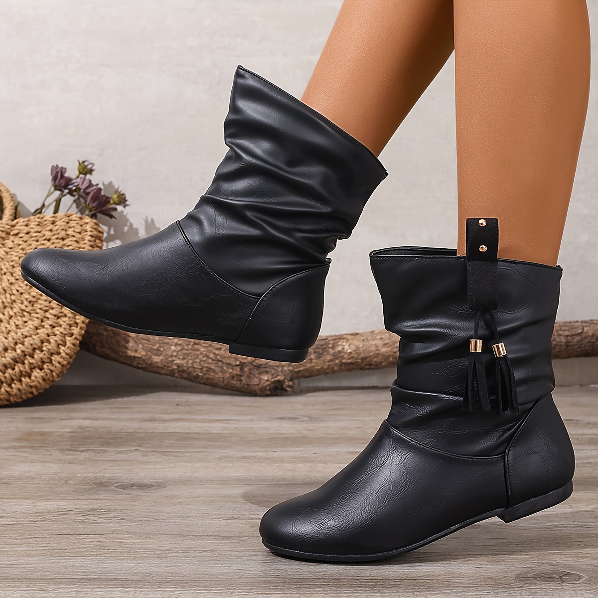 Round Toe Cute Booties Low Heel Women'S Slip-On Ankle Boots