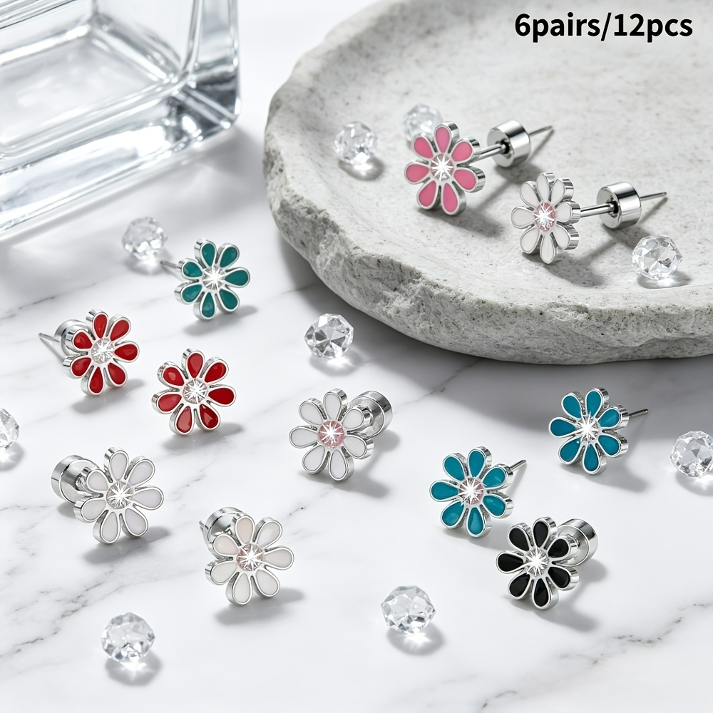 6 Pairs Women Daisy Flower Stud Earrings Set, 18K Gold Plated