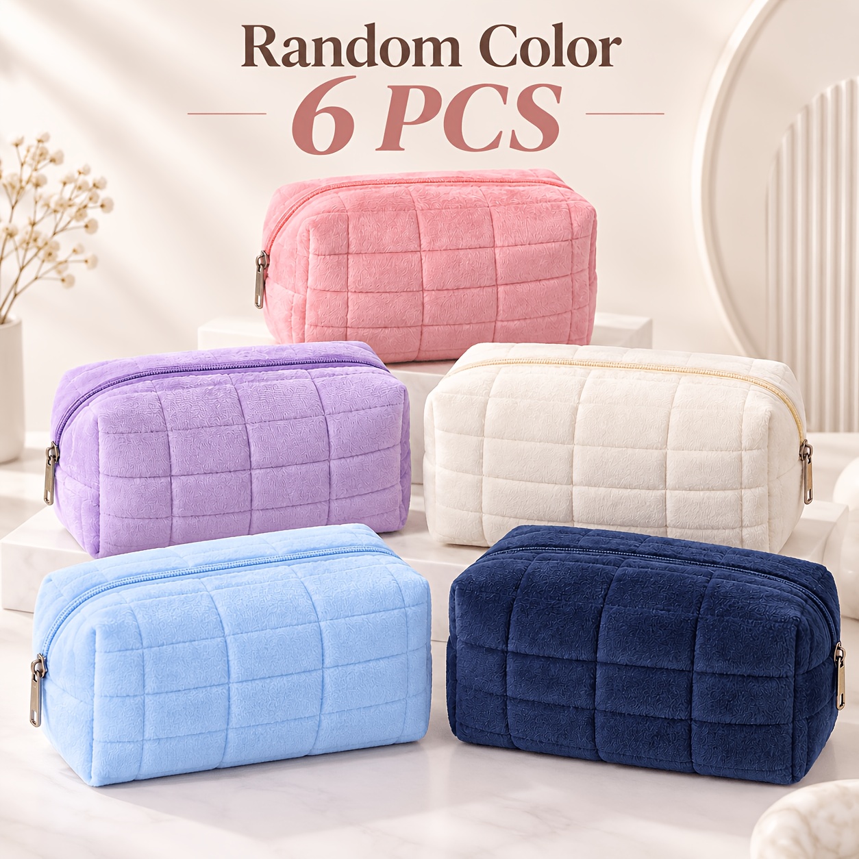 TEMU Set de 6 bolsas de maquillaje suaves a cuadros de color aleatorio, bolsa cosmética grande a cuadros con cremallera, bolsa de viaje portátil