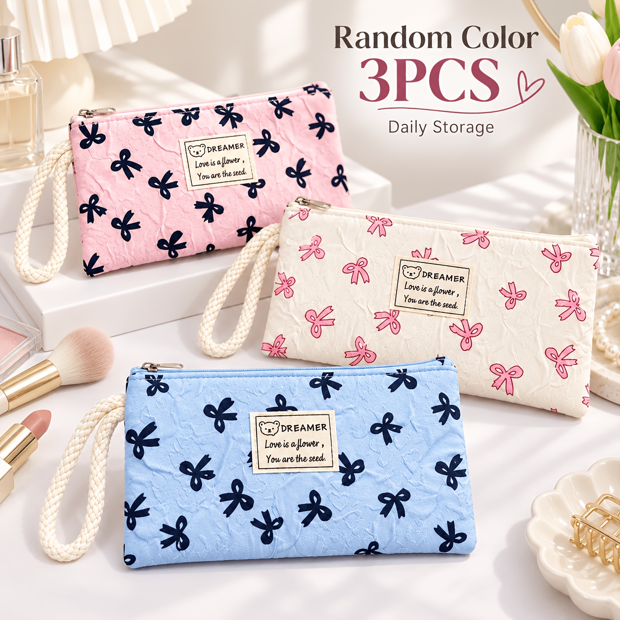 TEMU 3pcs Random Color Bow Print Quilted Long Coin Purse With Wrist Strap, Zipper Large Capacity Small Bag, Portable Fabric Wallet, Can Hold Phone,