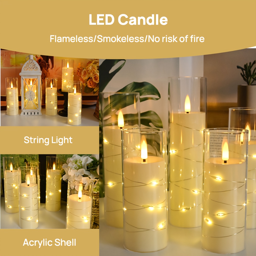 8 Stuks Flikkerende Vlamloze LED Kaarsen met Ingebouwde Feeënlichtsnoer,