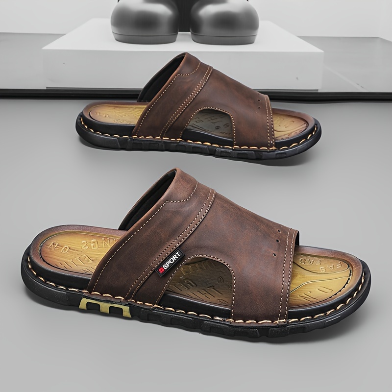 

Men's Solid Color Open Toe Breathable Slippers, Comfy Non Slip Microfiber Upper Rubber Sole Walking Shoes, Men's Summer Footwear
