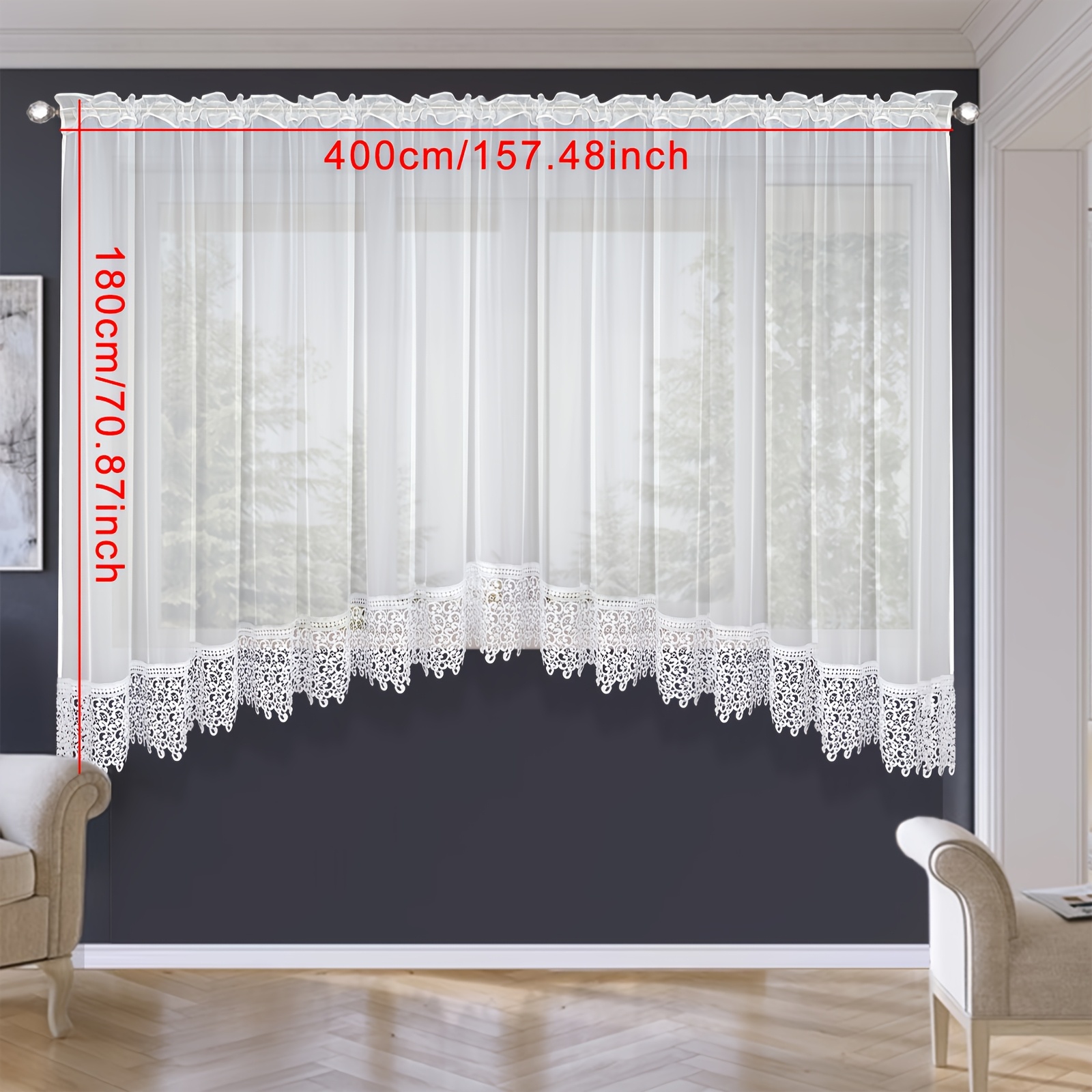 1pc Arched Translucent Tulle Curtain With Embroidered Lace, Size (200 X 120cm/300 X 150cm/400 X 180cm), Privacy Protection, Suitable For Living Room, Dining Room, Study, Pole Or Clip Hanging Method