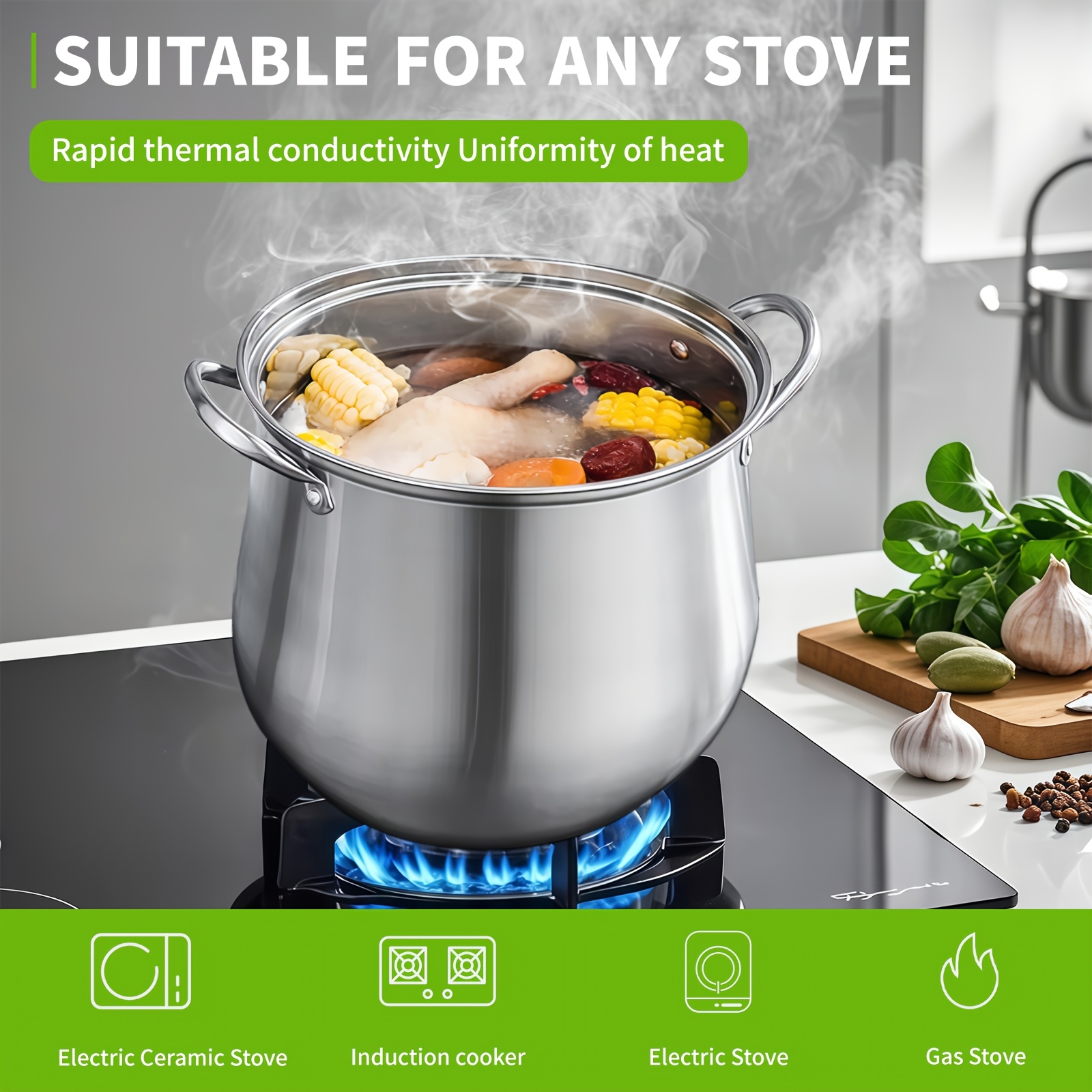 Temu – TEMU 1pc Heavy Duty Stainless Steel With Lid – Large Capacity, Thickened Design For Induction And Gas Stoves – Soups, , , And Steaming