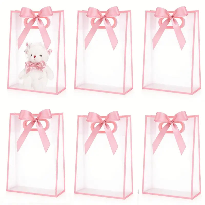 6 Stk. durchsichtige PVC-Geschenktüten mit Schleifenbesatz, transparente Gastgeschenktüten mit Griffen, niedliche Tüten für Sommerhochzeiten, Brautpartys & Geburtstagsfeiern, für Halloween,