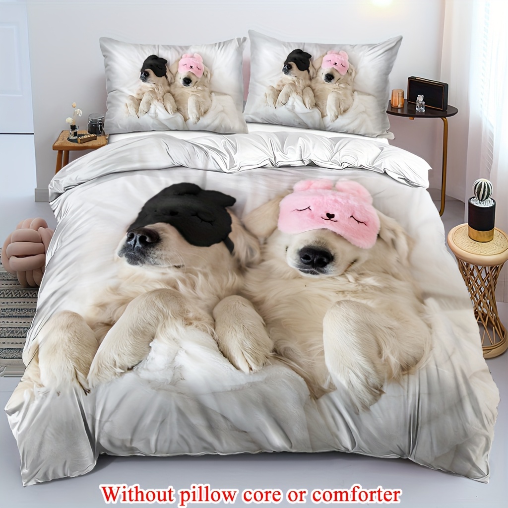 2 3pcs 1 duvet cover 1 2 pillowcase without core couple valentines day romantic golden retriever two   dogs lying on a white bed wearing eye masks funny print soft comfortable bedding set for bedroom dorm room family gift Product details 2