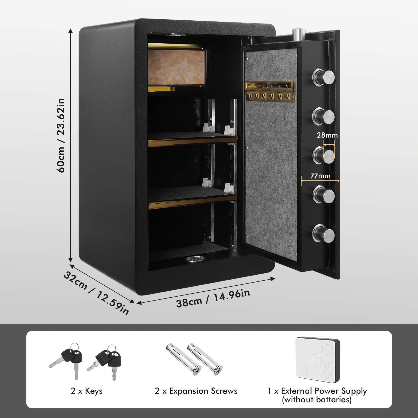 Home Safe, Security Vault, Diameter 28mm, Door Thickness, 77mm, 3 Opening , Burglar Alarm System, Removable Shelving Design, Reinforced Alloy Steel Construction, Ideal For Storing