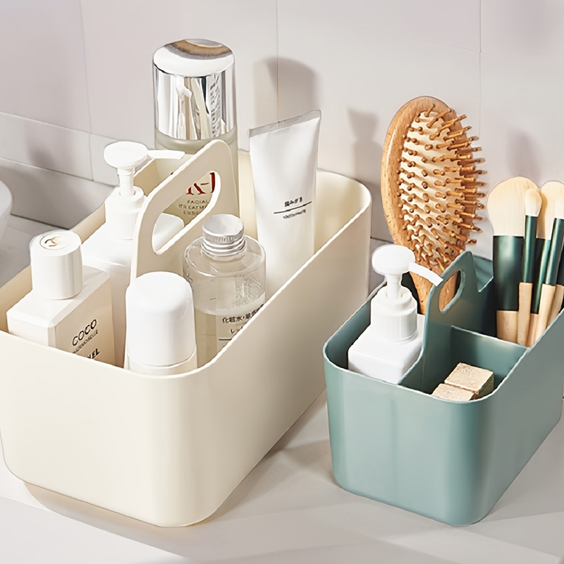 portable cosmetic organizer with handle beige or teal lightweight bathroom storage box open   for vanity makeup kitchen desk durable plastic construction space saving organizer basket bathroom organizers and storage kitchen organization easytoclean material busy professionals Product details 0